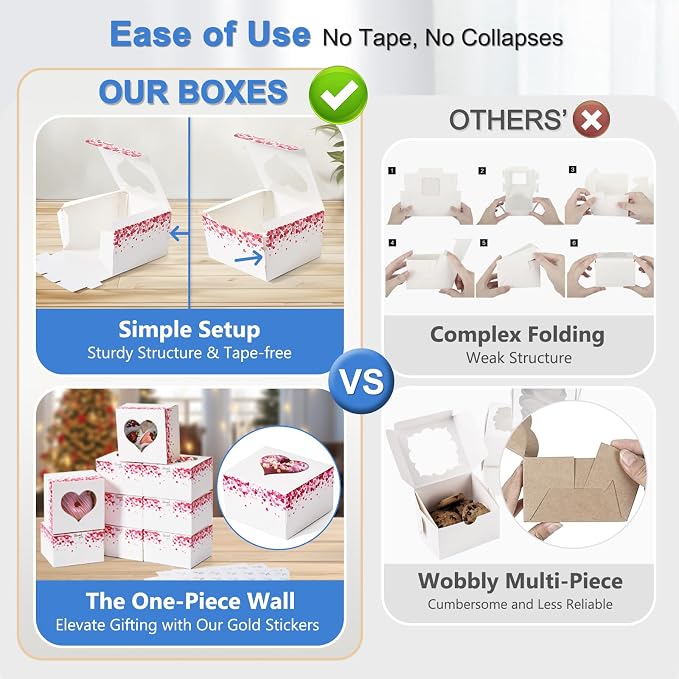 50 Pcs 4-Inch Kids Valentines Cookie Boxes Heart, Bakery Treat Boxes for Valentines Day Gifting, To-go Containers for Cake Slice, Macarons, Donuts, Candy 4x4x2.5