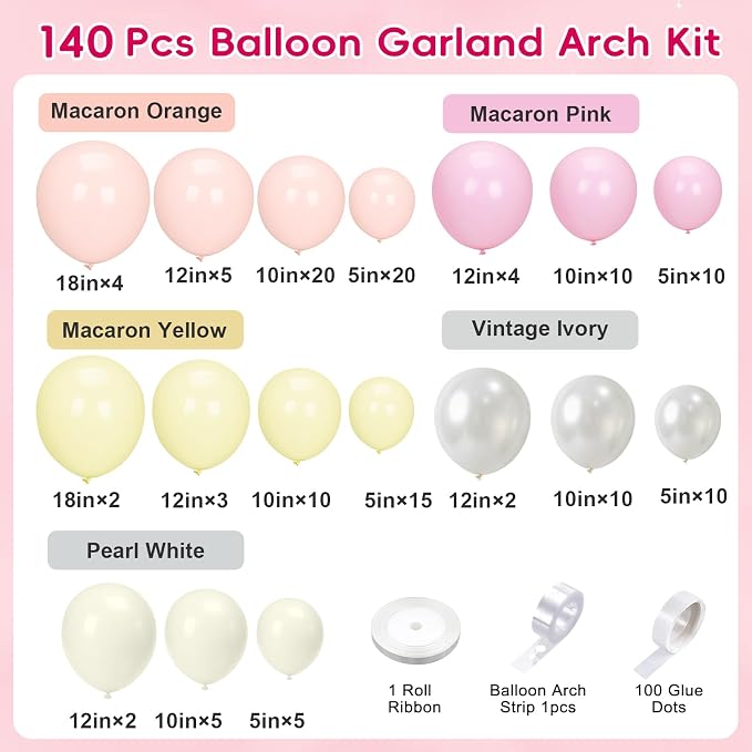 SNLN Pink Pastel Balloon Arch Kit, 140Pcs Pink Yellow Ivory Balloons for Baby Shower Gender Reveal Birthday Wedding Bridal Shower Party Decorations
