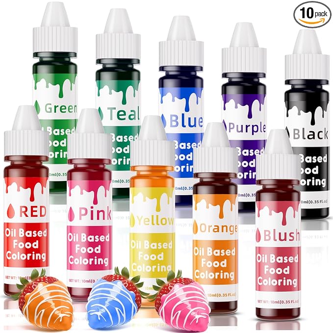 Oil Based Food Coloring for Chocolate – 10 Colors Oil Soluble Gel Food Dye Edible Chocolate Coloring for Candy Melts Buttercream Fondant & Baking Highly Concentrated Food Grade 0.35 Fl. Oz/Bottles