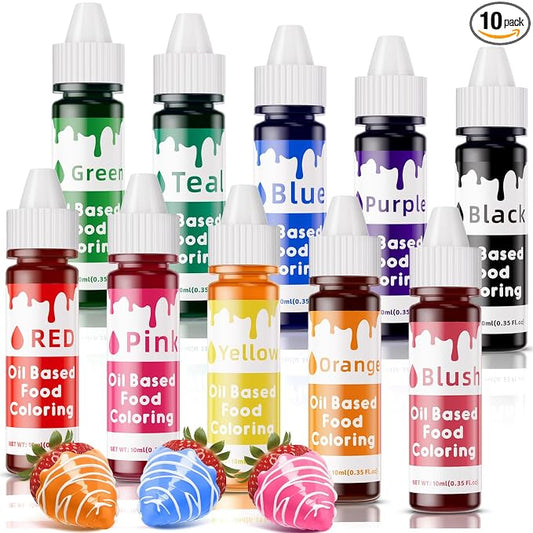 Oil Based Food Coloring for Chocolate – 10 Colors Oil Soluble Gel Food Dye Edible Chocolate Coloring for Candy Melts Buttercream Fondant & Baking Highly Concentrated Food Grade 0.35 Fl. Oz/Bottles