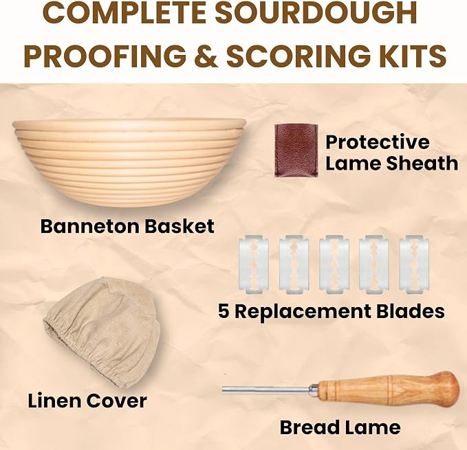 Banneton Sourdough Bread Proofing Basket, Premium AA-Grade, 9 Inch for Round, Boules Loaves, Vietnamese Banneton with Cloth Cover, Bread Lame Holder with 5 Blades