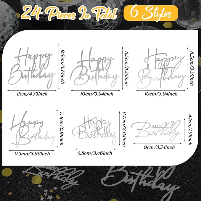 Barydat 24 Pieces Silver Happy Birthday Cake Toppers Mirror Acrylic Cupcake Topper Happy Birthday Sign for Cake Side Cupcake Decorations, 6 Styles