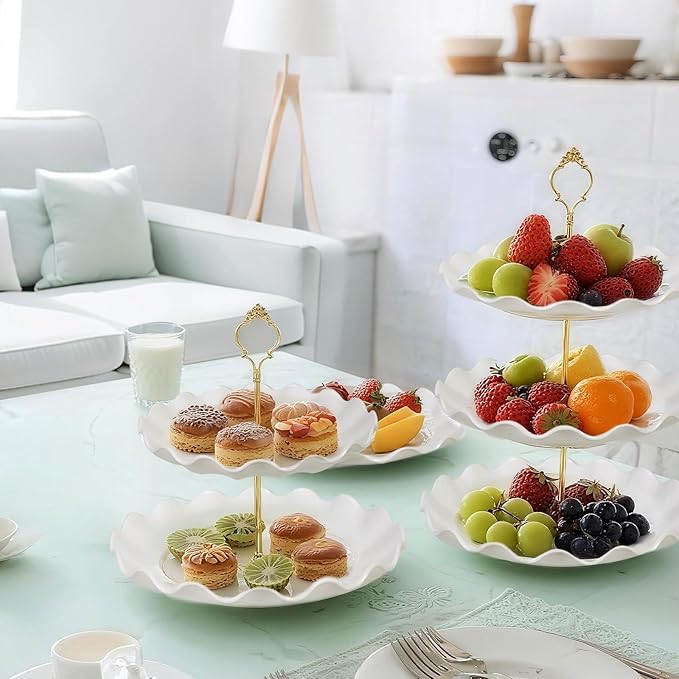 10 Pack Dessert Table Display Set, 4 Sets 3 Tier Cupcake Stand, 6 Pcs Food Serving Trays, Tiered White Plastic Cup Cake Tower for Birthday Baby Shower Wedding and Tea Party Supplies (10, Large)