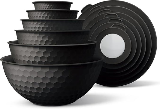 COOK WITH COLOR Mixing Bowls with Lids - 12 Piece Plastic Nesting Bowls Set includes 6 Prep Bowls and 6 Lids, Microwave Safe Mixing Bowl Set, Black Embossed