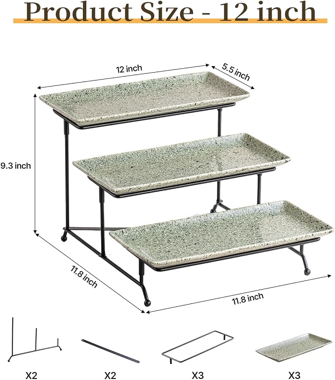 LAUCHUH 3 Tier Serving Tray, Porcelain Serving Platters and Trays for Party 12 Inch Tiered Tray Stand Cupcake Stand with Collapsible Sturdier Rack for Father's Day Serving Food, Speckled Gray