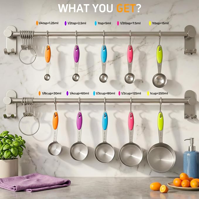 Measuring Cups and Spoons Set of 10 Piece, Stainless Steel Nesting Measuring Cups Set with Silicone Handles, Kitchen Utensils for Cooking and Baking
