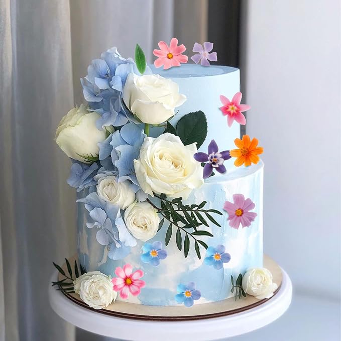 Edible Flowers Cake Decorations - Edible Flowers & Leaves Cake Topper Set of 60PCs, Wafer Paper Flower Cupcake Toppers for Wedding Birthday Party Cake Decorating (Mixed Size & Colour)