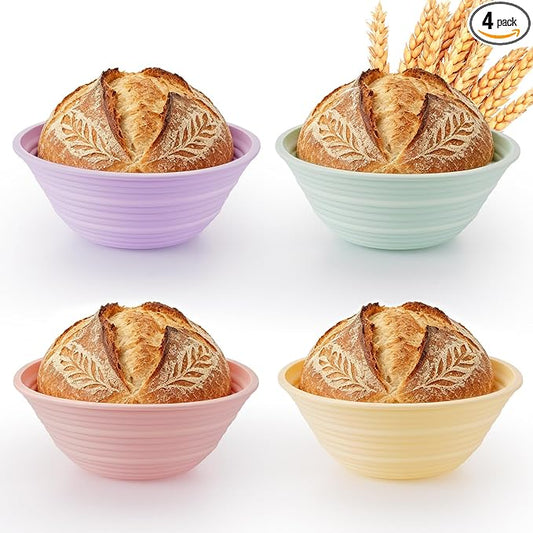 4 Pack Silicone Banneton Bread Proofing Baskets, 9" Collapsible Non-Stick Sourdough Proofing Bowls for Bread Baking, Round Dough Rising Baskets