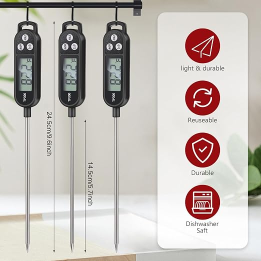 Copkim Instant Read Meat Thermometer with Long Probe 9.65 Inch Kitchen Cooking Food Candy Waterproof Digital Thermometer for BBQ Water Milk Yogurt Liquid(Black,12 Pcs)