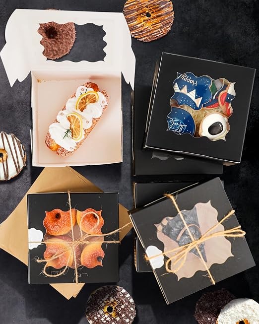qiqee Black Cookie Boxes with Window 100packs 6x6x3 Black Bakery Box Pastry Box for Wedding Favor Birthday ＆ Party