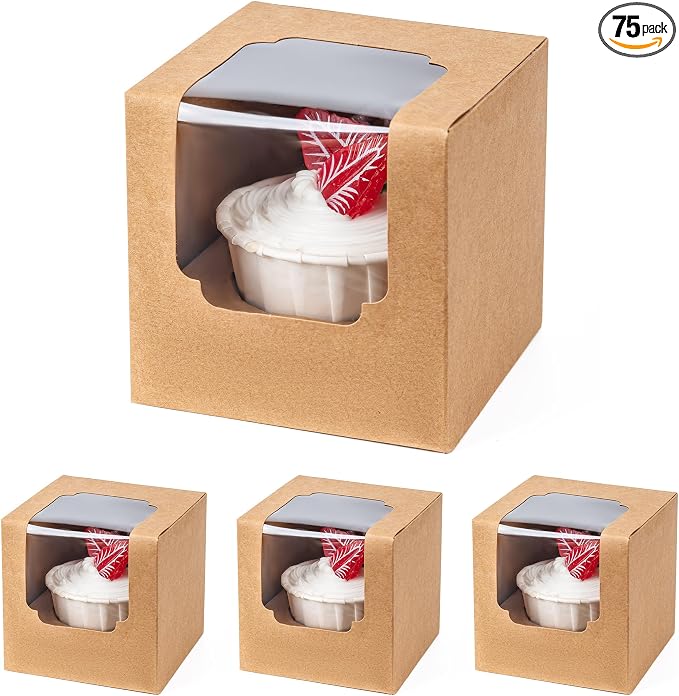 BOOMIBOO 75 Pack Individual Cupcake Containers, Cupcake Boxes with Window, Food Grade Cupcake Holders with Inserts, Stackable Deep Cupcake Carrier (Brown)