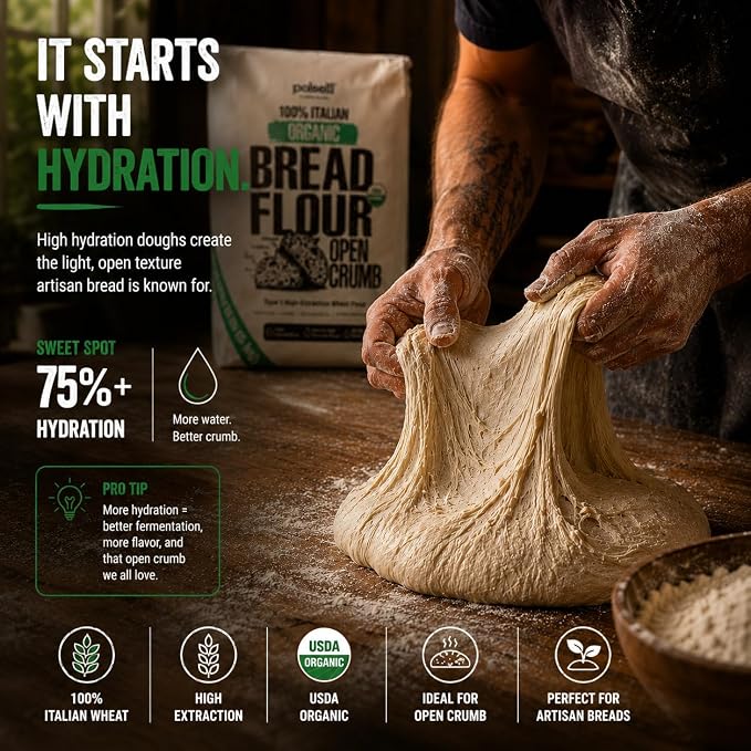 Polselli Organic Bread Flour, High-Extraction Type 1 Wheat Flour, 5 kg | High-protein Italian organic wheat flour for sourdough and artisan breads; unbleached, unbromated, non-GMO, no enzymes