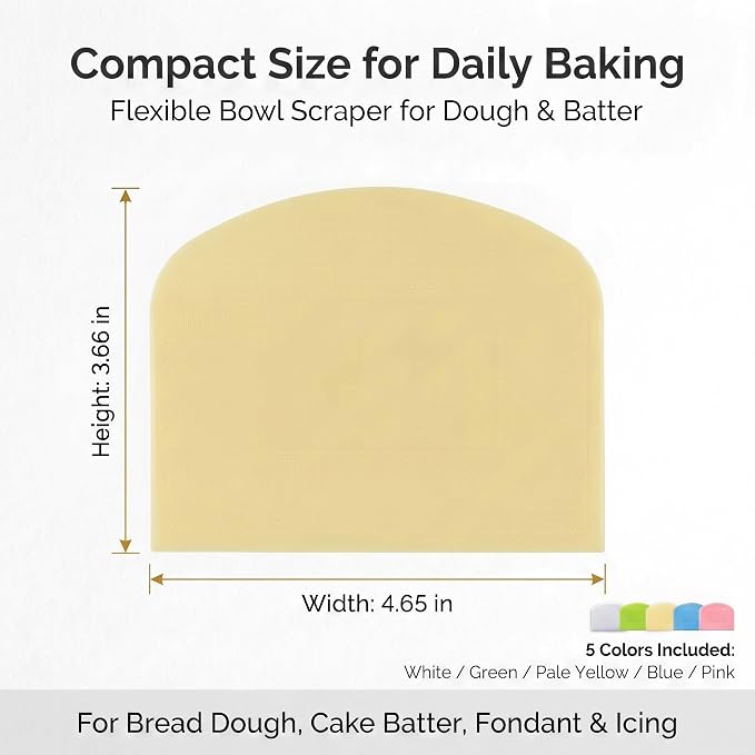 5 Pack Dough Scraper for Baking, BPA-Free PE Flexible Bowl Scraper, Food Grade Plastic Dough Cutter for Bread, Cake Dough, Fondant, Icing and Pastry, White Green Mustard Yellow Blue Pink