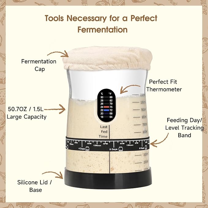 Coco Bird Pro Sourdough Starter Kit- 50oz Large Capacity Sourdough Starter Jar,17 Flavor Recipes,2 Bread Proofing Baskets,Food Scale,Bench Scraper,Bread Lame,Complete Sourdough Bread Baking Supplies