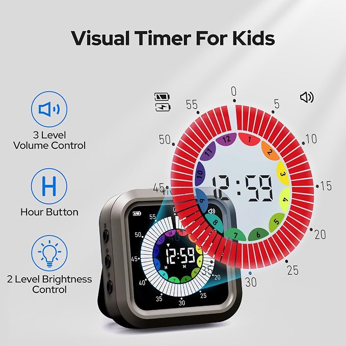 Visual Timer for Kids with Color Display Kitchen Timer 1500mAh Battery | Memory Function Scroll Wheel Control, Magnetic Back with Stand, Up to 12h59m Countdown, Kitchen, Study & Classroom