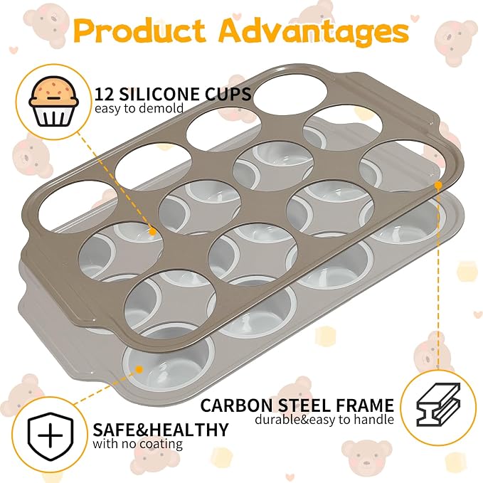 Silicone Muffin Baking Pan, 12 Cups, Grey | No Paper Liners Needed,Reinforced Metal Frame,Non-Stick Easy Release,Oven & Dishwasher Safe, BPA Free