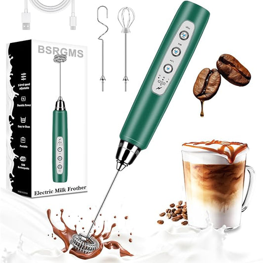 BSRGMS Milk Frother Handheld for Coffee, Electric Whisk 3 Speed Adjustable, Drink Mixer with Stainless 3 Whisks, Rechargeable Hand Frother Wand, Foam Maker for Latte Cappuccino Hot Chocolate Egg Green