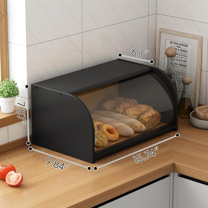 Roll Top Bread Container for Kitchen Countertop, Bamboo Bread Box with Clear Lid, Bread Container Storage（Black without cutting board）