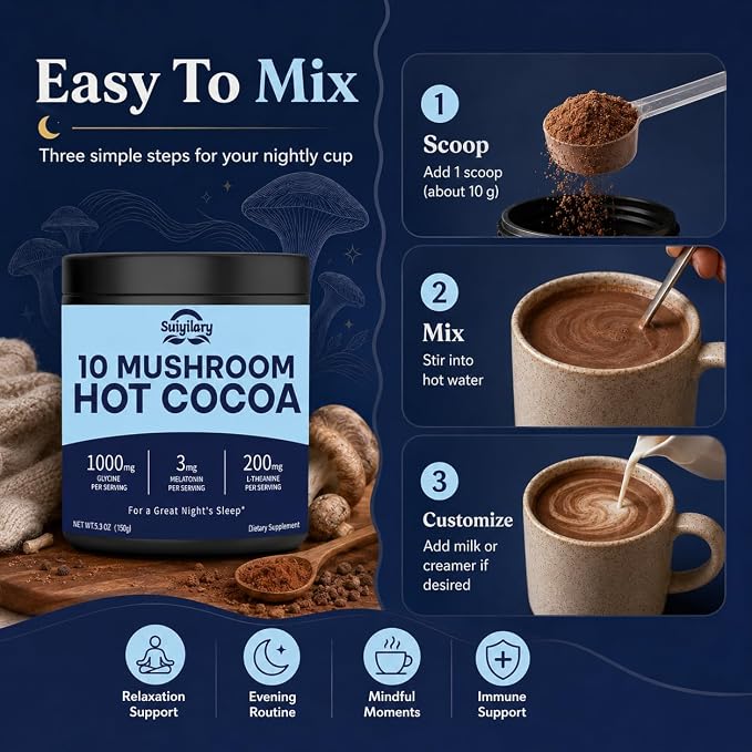 Suiyilary 10 Mushroom Hot Cocoa, 3mg Melatonin Sleep Supplement, Sugar Free Keto Cocoa Powder, Nighttime Drink, 1000mg Glycine, 200mg L-Theanine, Help Fall Asleep and Stay Asleep, 15 Servings