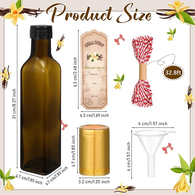 Tioncy 12 Pcs 8.5 oz Vanilla Extract Bottles for Homemade Vanilla Jar Amber Glass Square Bottle with Cap Shrink Band Sticker Syrup Food Storage Canister for Liquid Bean Sauce Spice Gift Giving(Gold)