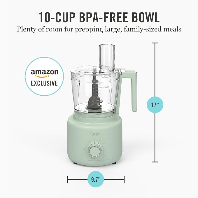 Martha Stewart Food Processor, 10-Cup Electric Chopper for Slicing, Shredding, Mincing and Puree, BPA-Free Twist & Lock Bowl, 3 Multipurpose Blades, Variable Speed Dial, Wide Feed Chute, Honeydew