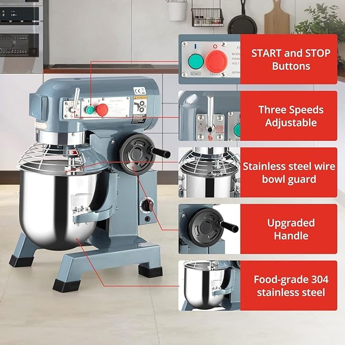 Commercial Stand Mixer, 10Qt Heavy Duty Electric Food Mixer, Commercial Mixer 450W with 3 Speeds Adjustable 110/178/390RPM, Stainless Steel Bowl, Dough Hook Whisk Beater Perfect for Bakery Pizzeria