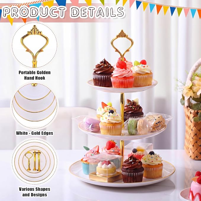 Teenyyou 8 Pack 3 Tier Cupcake Stand Bulk Tiered Dessert Stand Thick Plastic Serving Tray with Gold Edges Dessert Table Display Set Tea Cake Holder for Wedding Birthday Party(White Gold,Crown Shaped)