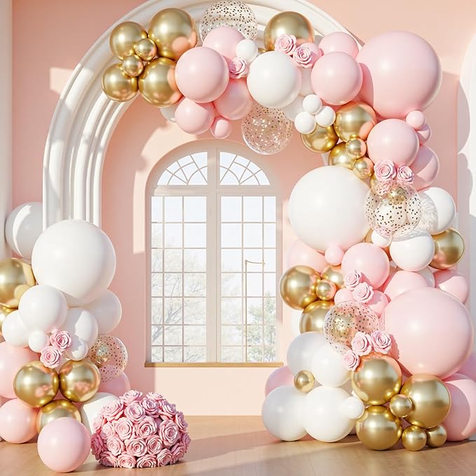 PartyWoo Pink and White Balloon Arch Kit Garland 140pcs Different Sizes of 18 12 10 5 Inch Light Pastel Baby Pink Metallic Gold Confetti White Balloons for Baby Shower Birthday Party Decorations