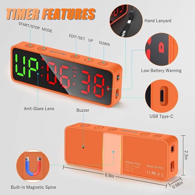 Small Gym Timer Clock Stopwatch Magnetic Workout Interval Timer, Large LED Digital Display, Home Accessories Countdown Clock for Home Gym Garage Schools (Matte Orange)