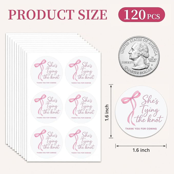 120 Bridal Shower Stickers, She's Tying the Knot Thank You Favor Stickers, Pink Bow Bride Sticker Labels for Bride to Be, Bridal Shower Favors, Gift Bags, Favor Boxes, Engagement Party, 1.6 Inch
