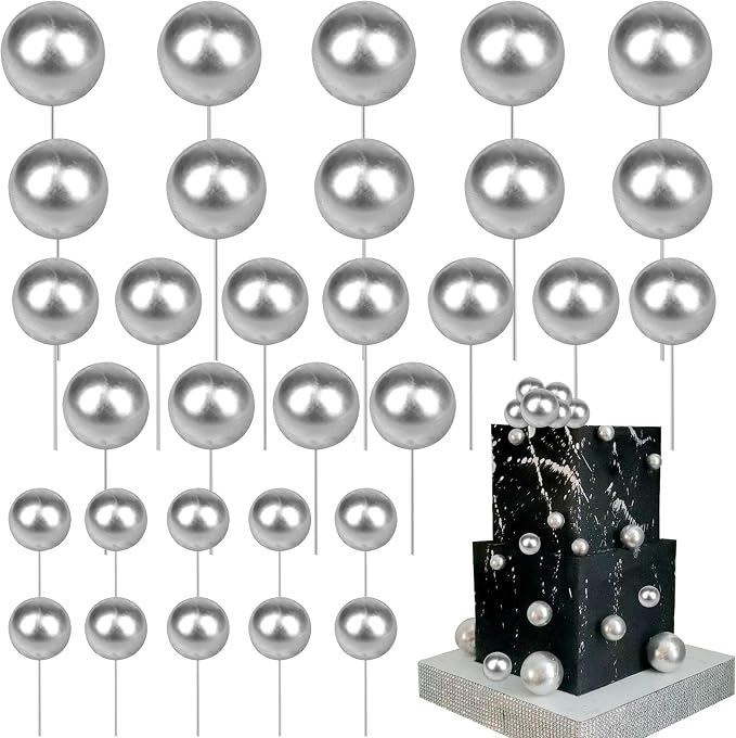 24 PCS Ball Cake Toppers Balls Cupcake Toppers Insert Foam Ball Shaped Cake Picks Mini Balloon Cake Decoration for Wedding Anniversary Baby Shower Birthday Party Cake Decorations Supplies Silver