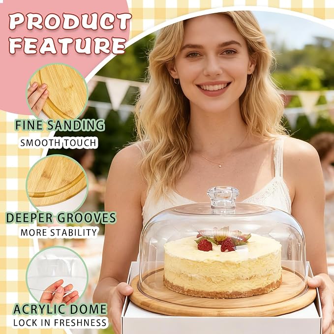 Bamboo Cake Stand with Dome Lid, 12in Rotating Wood Cake Holder Round Cake Plate, 2-in-1 Wooden Serving Platter Charcuterie Board Dessert Table Display Set for Birthday Wedding Party Kitchen