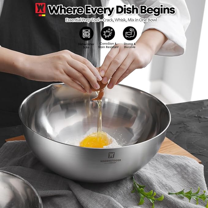 WAGENSTEIGER 3-Piece Stainless Steel Mixing Bowl Set, Silver Color, Nesting Bowls with Pure Spout, Multipurpose Kitchen Basket, 1.56Quarts/3.17Quarts/4.23Quarts (No Color Added)
