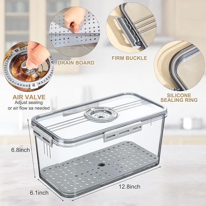 Qinyoung 4 Pcs Airtight Bread Box with Slicer for Kitchen Countertop Butter Dish Lid Time Recording and Drainage Mat Bread Storage Container for Sandwich, Sourdough Rounds, Bagels, Cakes(Gray)