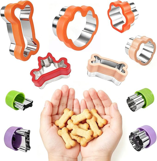 KickFry Dog Cookie Cutter Set,Stainless Steel Dog Treat Biscuit Cutters with Plastic Protective Covers, Assorted Sizes Bone Paw Print Puppy Shapes,Molds for Homemade Treats,Fruit & Snack (10 PC)