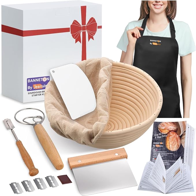 Banneton Bread Proofing Basket Set with Brochure & Baking Supplies, 9 Inch Round Proving Bowl with Liner & Making Tools, Sourdough Starter Kit, Handmade from Quality Natural Indonesian Rattan