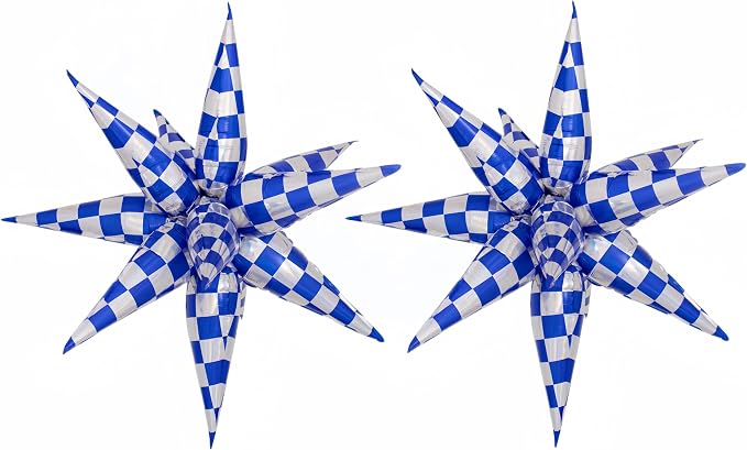 2 * 12 Pcs Blue Silver Iridescent Checkered Star Foil Balloons/Race Car Party/Talla*dega Nights 1st Birthday/Outer Space Galaxy Theme/Las Vegas Casino Bar Party/Father's Day(2Pcs Blue laser)