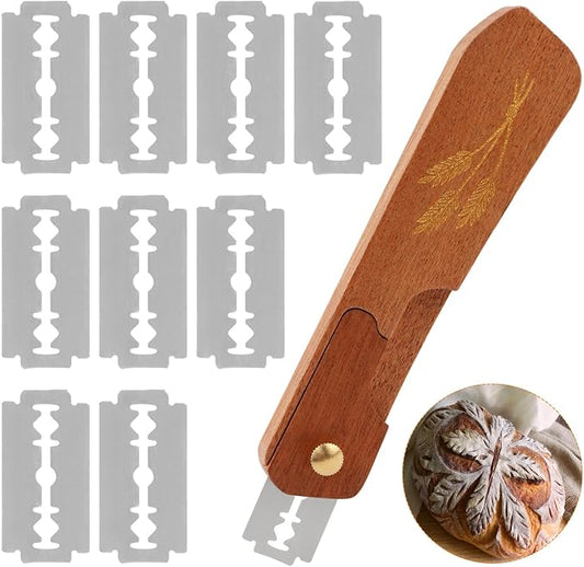 Bread Lame, Wooden Sourdough Scoring Tool with Adjustable Blade & Thumb Screw, Handcrafted Hardwood Lame Razor with 10 Blades for Artisan Bread Baking