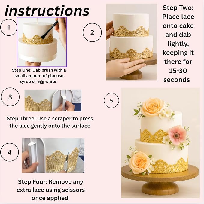 3 Pieces Shiny Gold Honeycomb Edible Sugar Cake Lace Strips - Ready to Use Handcrafted Decoration with 3D Effect