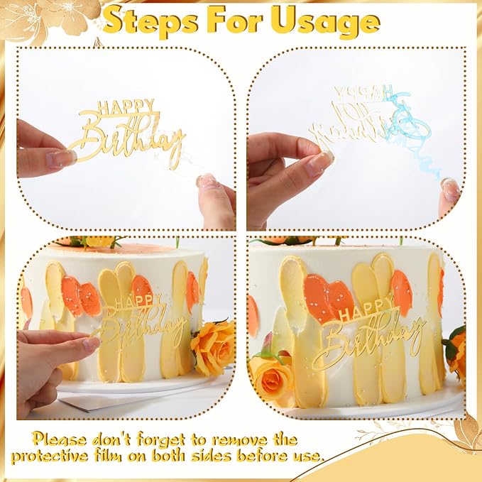 Barydat 50 Pcs Happy Birthday Cake Toppers Bulk Mirror Acrylic Cupcake Topper Decorations Happy Birthday Sign for Cake Inserts Decor Celebrate Anniversary Theme Party Supplies 10 Style(Gold)