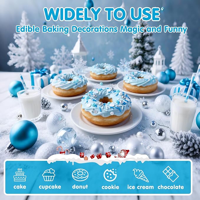 Edible Blue Silver White Sprinkles,Winter Jimmies Pearls Mix,130g/4.58oz,Perfect for Cake Decorations,Cake and Cupcake Sprinkles with Assorted Shapes and Sizes for Parties Baking,Ice Cream,Cookies,Cupcake Topper,Baby Shower Party Decorating Supplies