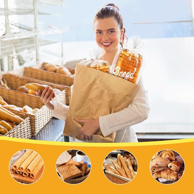 Nicunom 200 Pack Bread Loaf Packing Bags with Ties, Printed Bread Bag for Homemade Bread or Bakery, 8” x 4” x 18”, Reusable Plastic Bread Bags, Large Bread Storage Bags Adjustable
