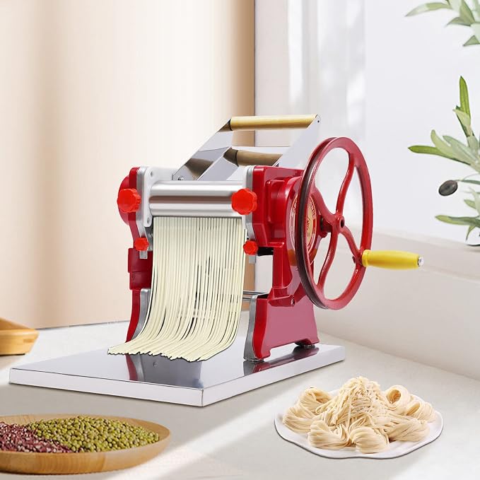 Manual Noodle Machine, Commercial Pasta Maker, Dough Sheeter Machine, Adjustable Thickness 0.5-5mm, Dough Roller Machine, Spaghetti Dough Machine for Home -Red