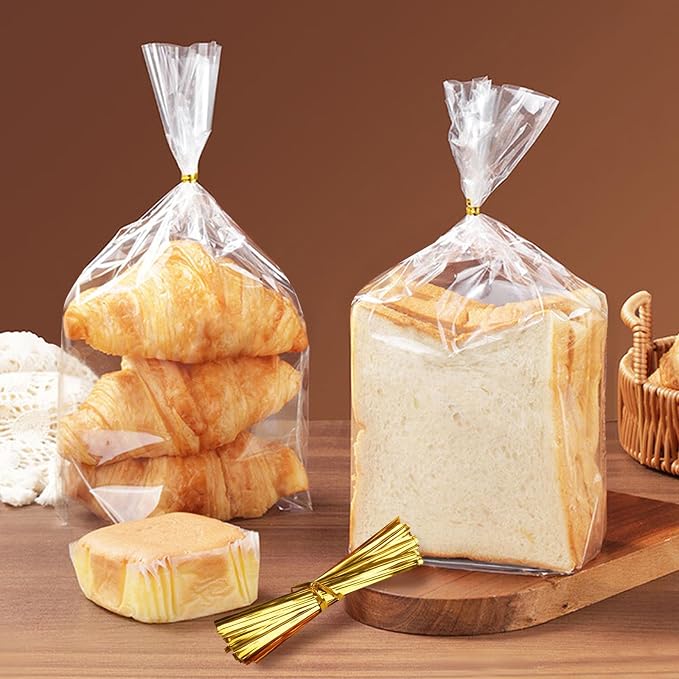 vivinin 100 Pack Bread Bags & 100 Pack Ties, 8" x 4" x 18" Clear Bread Bags for Homemade Bread, Reusable Plastic Bread Storage Bags for Bakers, Bakery Owners