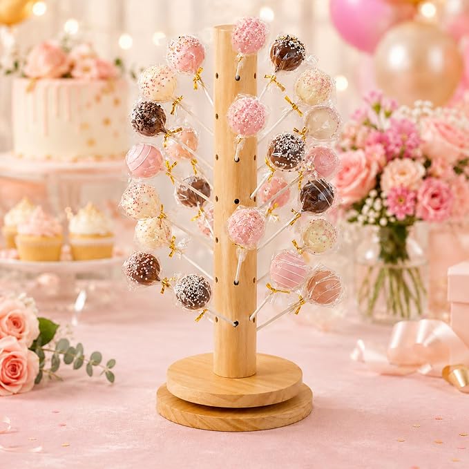 2Pack Wooden Cake Pop Stand Kit with 360° Spinning Base, 49Hole Lollipop Holder with Cake Ball Scoop, 100 Paper Sticks, 100 Clear Treat Bags and 100 Twist Ties, Easy Twist Assembly for Parties