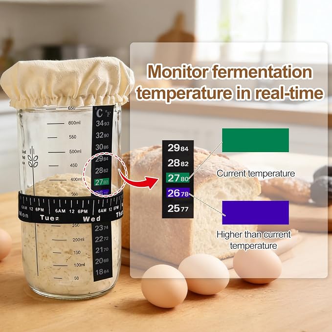 24 oz Wide Mouth Sourdough Starter Jar Kit, Glass Fermentation Container with Date Marker, Thermometer, Silicone Scraper & Lids, Airtight Glass Storage Canister for Homemade Bread Baking, Complete Sourdough Baking Supplies