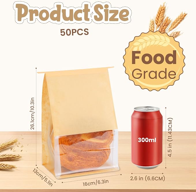 50 Pcs Bread Bags for Homemade Bread Sourdough, 10.2 * 6.3 * 5.1 Inches Bakery Bags with Window Reusable Tin Tie Baked Goods Packaging