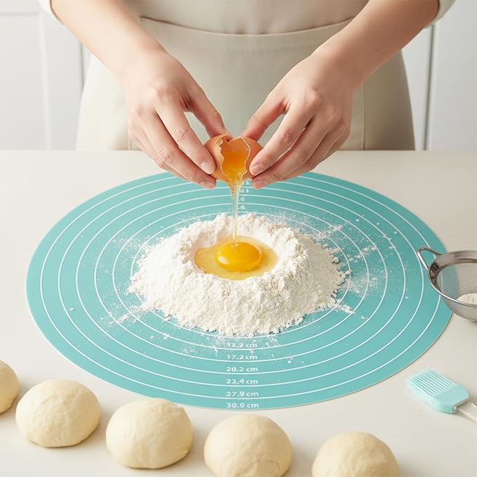 Round Silicone Baking Mat, 11.8In Baking Mat for Rolling out Dough, Round Silicone Mats, Heat Resistant Pastry Bakings Mats with Size Measurement Specification, Non-Stick, Blue