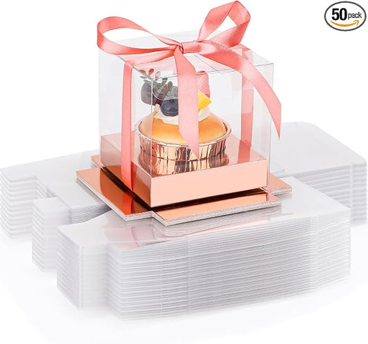 EUSOAR Rose Gold Tall Cupcake Containers, 50pcs 3.5 Inch Individual Cupcake Boxes Storage for Cake Dessert, Plastic Cupcake Wrappers Cupcake Holder with Ribbon for Wedding Birthday Party Favor