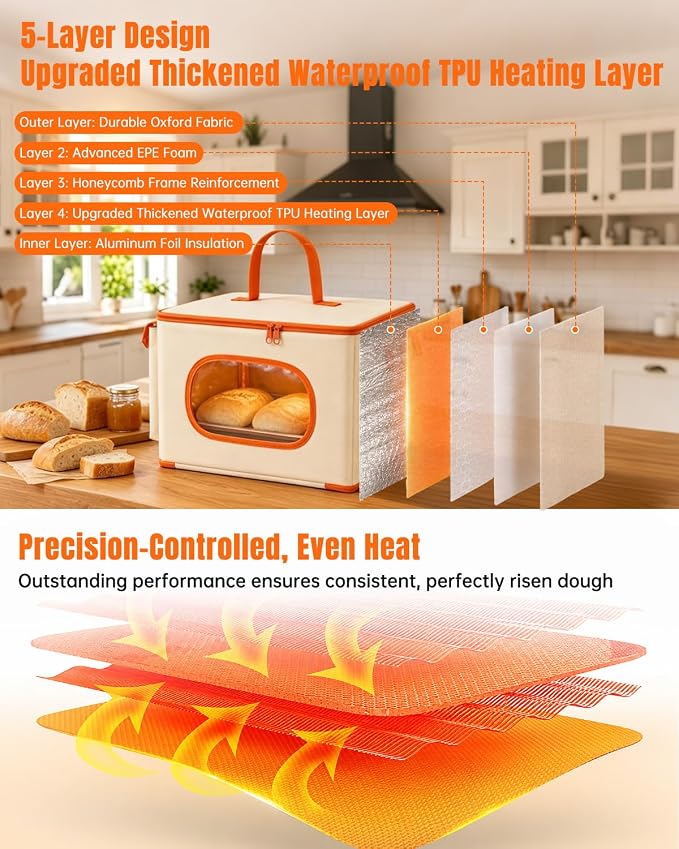 Foldable Bread Proofing Box with Temp Control, 3 Side Pockets &Front Window | Bread Proofer with Handle, 50-113°F Control, 15-Preset 0-48H Timer for Sourdough Proofing Box, Pizza Dough, Yogurt & Kombucha